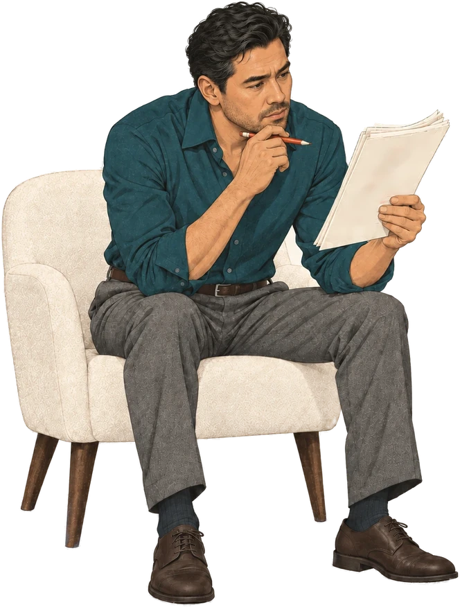 The Studio Executive, in an armchair, pen to his chin, reading